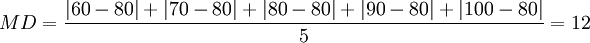 MD=\frac{|60-80|+|70-80|+|80-80|+|90-80|+|100-80|}{5}=12
