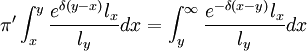 \pi '\int_x^y \frac{e^{\delta (y-x)}l_x}{l_y}dx=\int_y^{\infty}\frac {e^{-\delta (x-y)}l_x}{l_y}dx