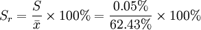 S_r=\frac{S}{\bar{x}}\times 100%=\frac{0.05%}{62.43%}\times 100%