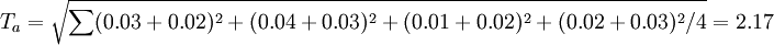 T_a=\sqrt{\sum(0.03+0.02)^2+(0.04+0.03)^2+(0.01+0.02)^2+(0.02+0.03)^2/4}=2.17