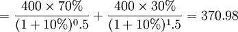 =\frac{400 \times 70%}{(1+10%)^0.5} + \frac{400 \times 30%}{(1+10%)^1.5}=370.98