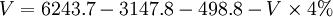 V=6243.7 - 3147.8 - 498.8 - V \times 4 \%