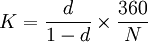 K=\frac{d}{1-d}\times\frac{360}{N}