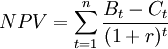NPV=\sum_{t=1}^n \frac{B_t-C_t}{(1+r)^t}