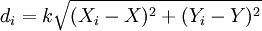 d_i=k\sqrt{(X_i-X)^2+(Y_i-Y)^2}
