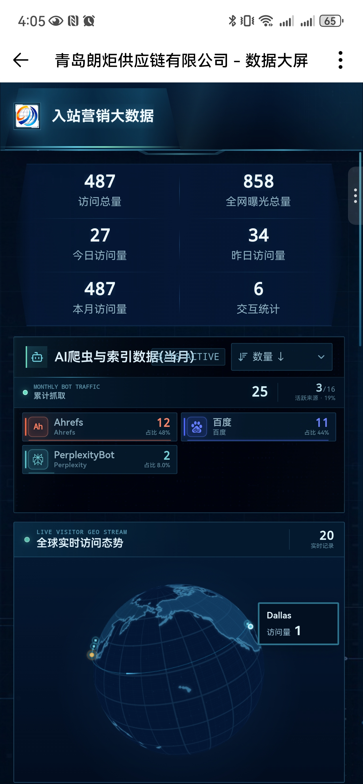 朗炬供应链官网数据大屏移动端截图