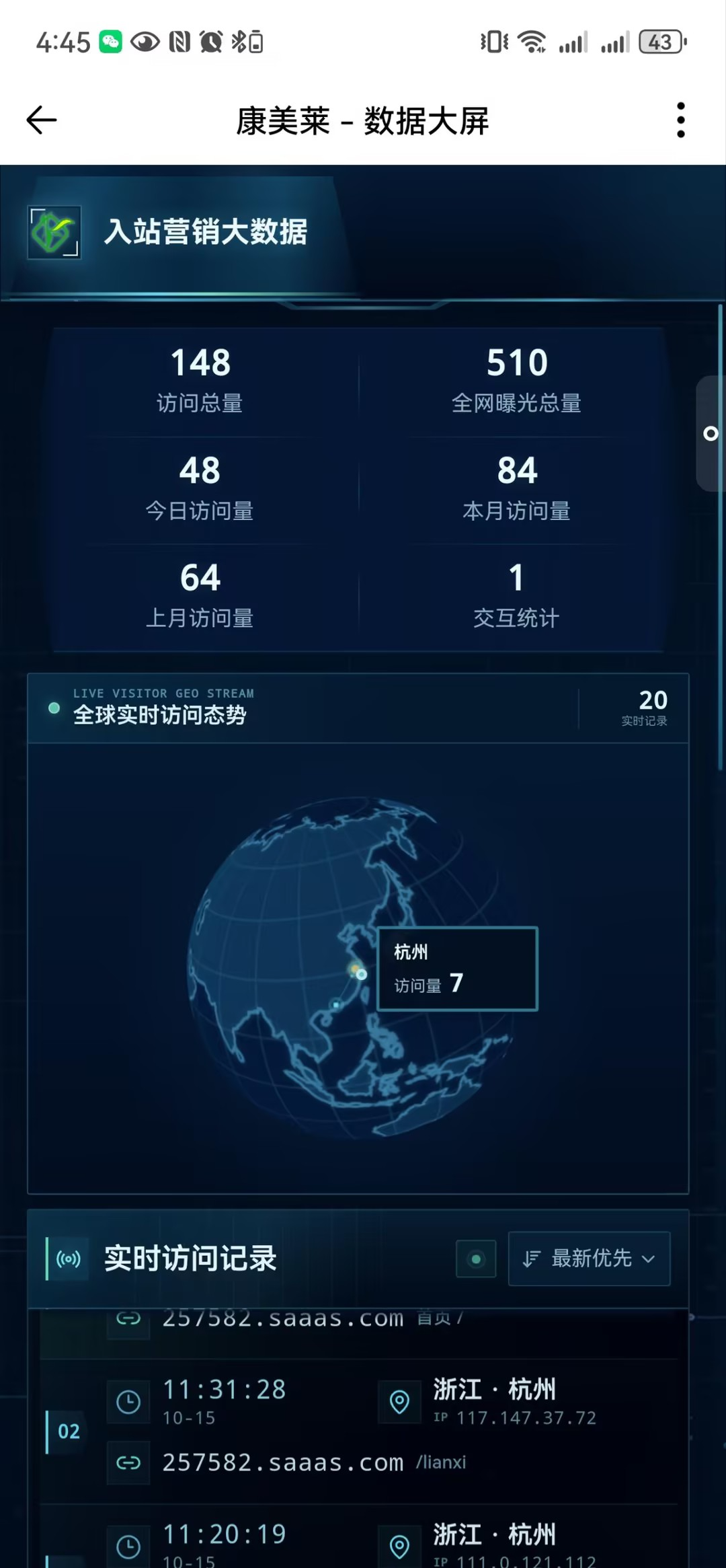 康美莱官网数据大屏截图