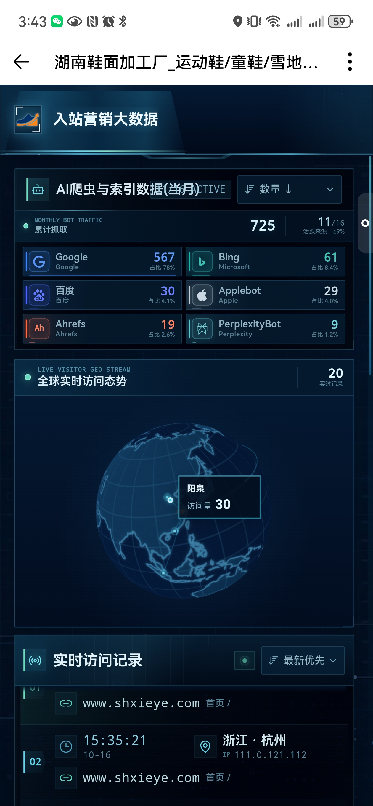 晟恒鞋业官网数据大屏截图