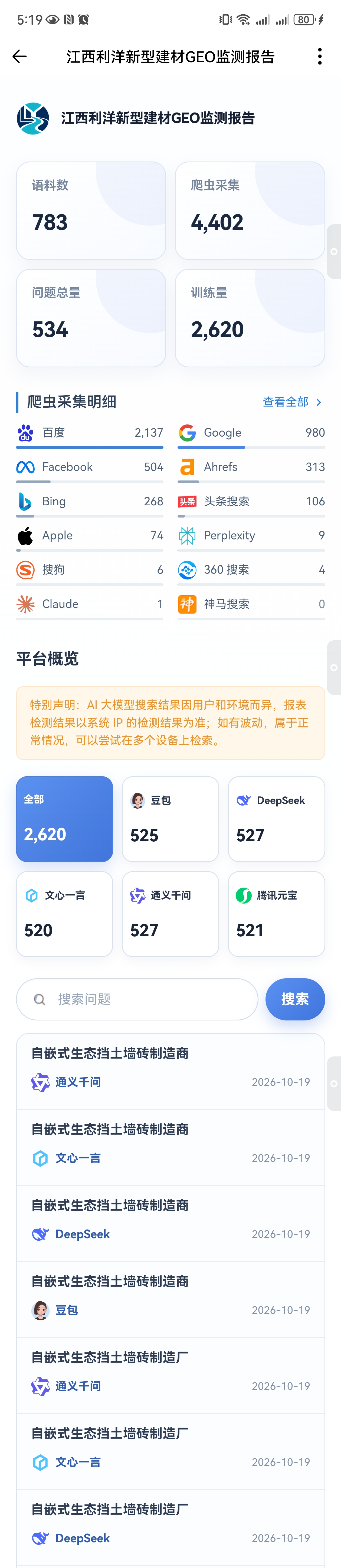 江西利洋新型建材 GEO 监测报告页面截图
