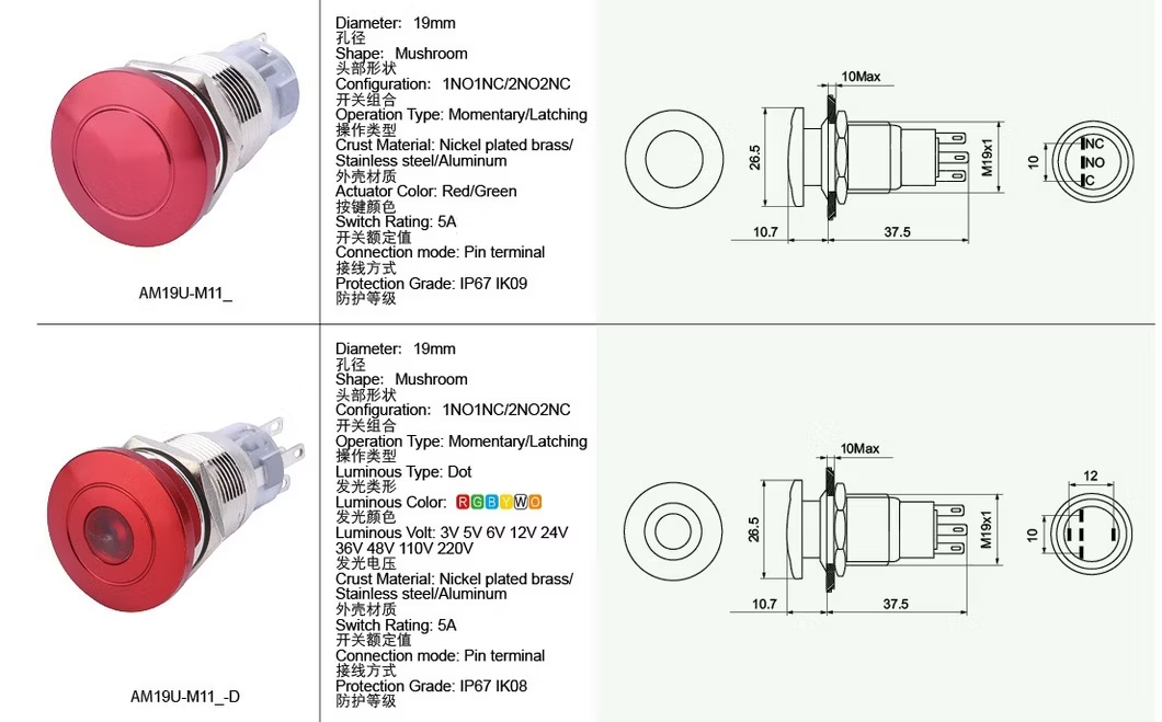 Amur 19mm Selflock Nonc 3pin Mushroom Push Button Switch