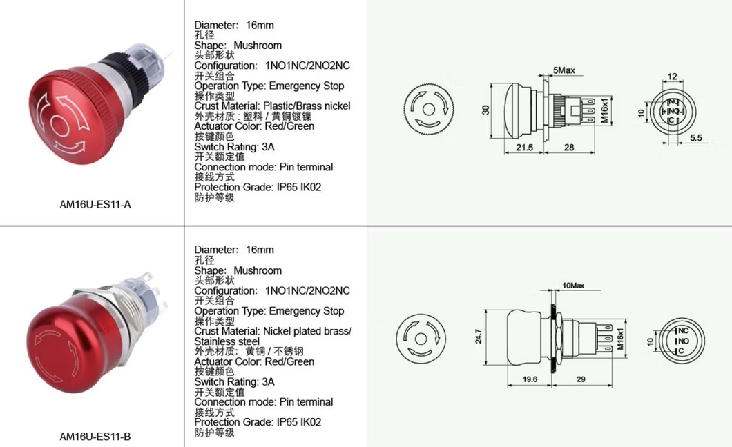 Amur 16mm Red Flat Head Emergency Stop Push Button Switch