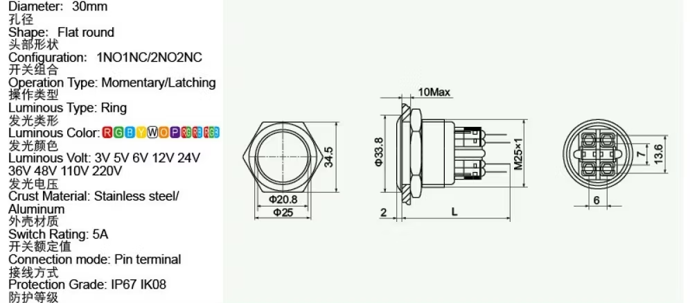 Amur Self-Locking Push Button Waterproof 12V Push Button Switch