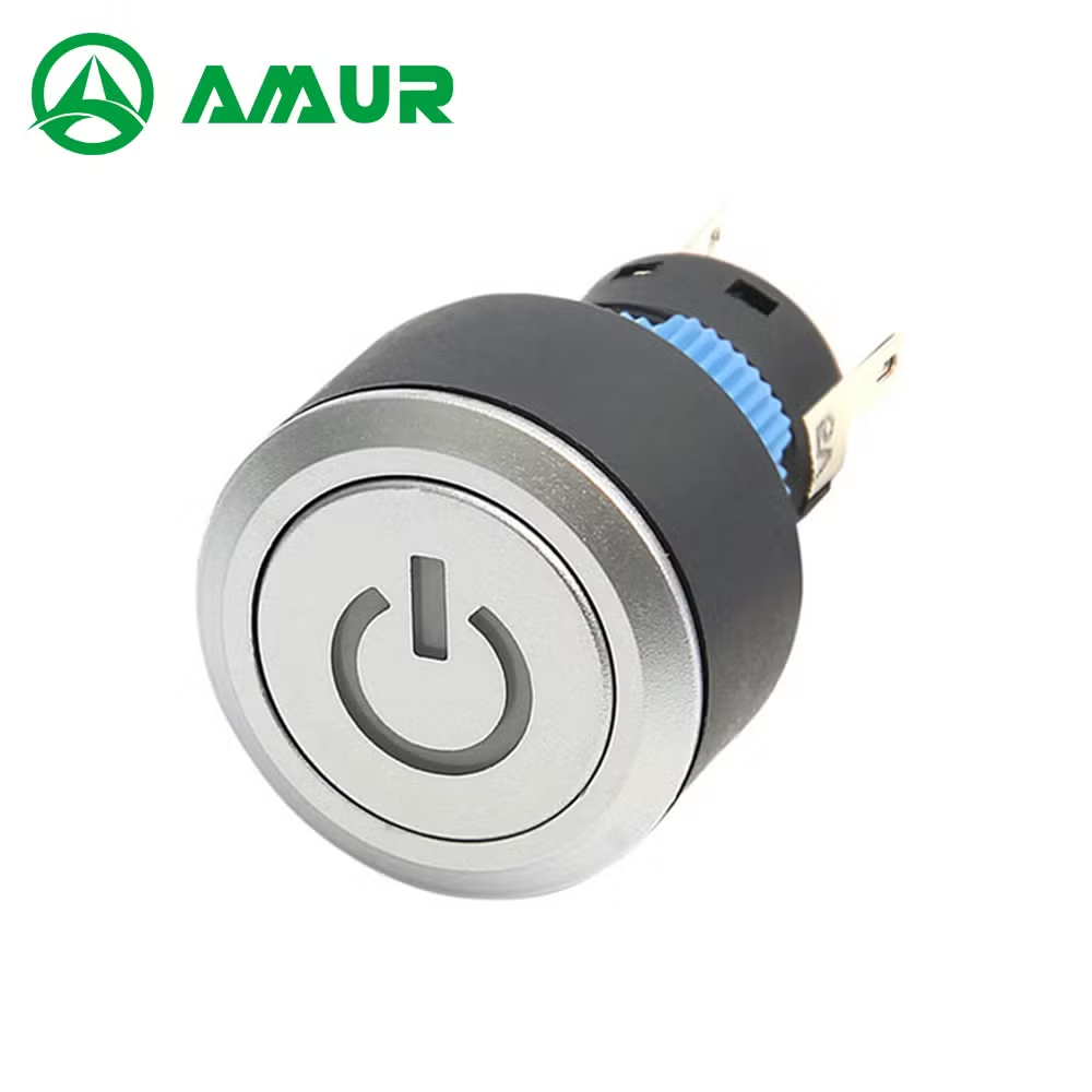 Amur 1no1nc 22mm Plastic 12V -220V LED 5 Pin Terminals Illumination Flat Round Head Momentary Push Button Switch