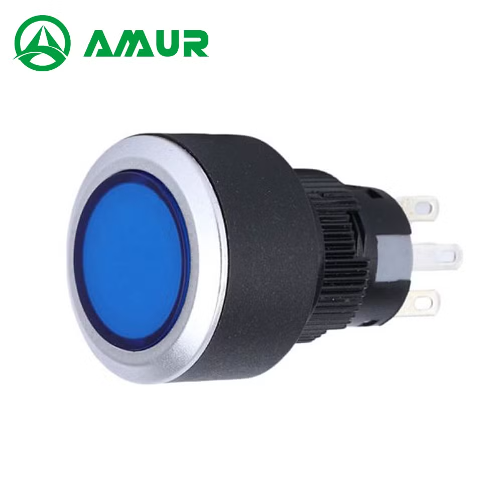 Amur 1no1nc 22mm Plastic 12V -220V LED 5 Pin Terminals Illumination Flat Round Head Momentary Push Button Switch