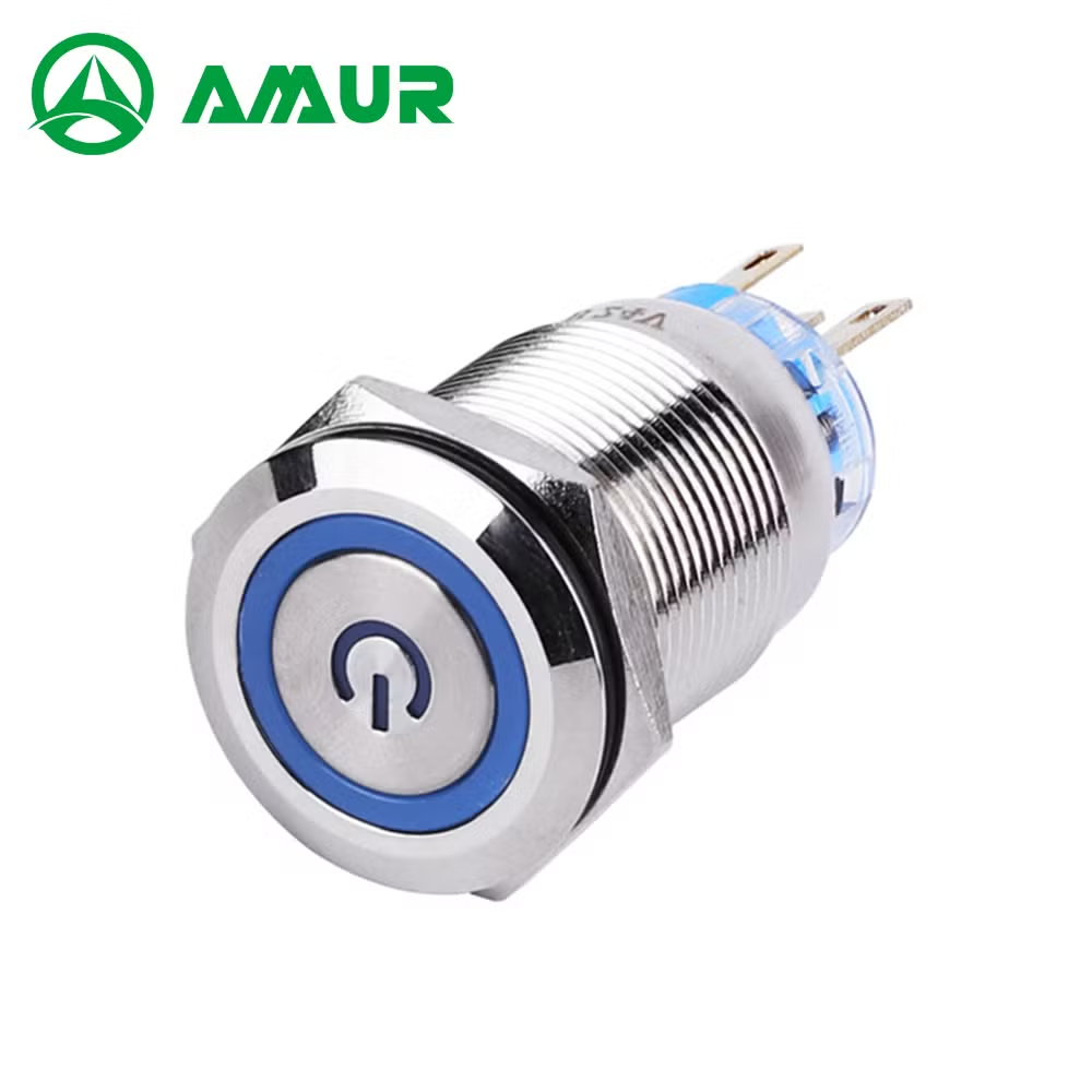 Amur 19mm 1no 1nc Flat Head Momentary Metal Push Button Switch