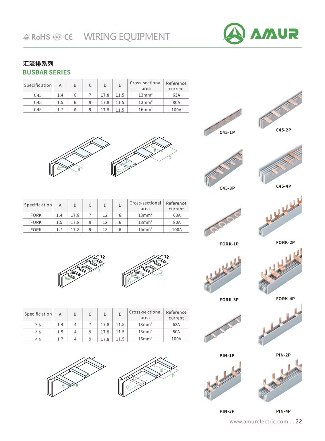 Amur Pin Plug-in Type Copper 3p Distribution Busbar