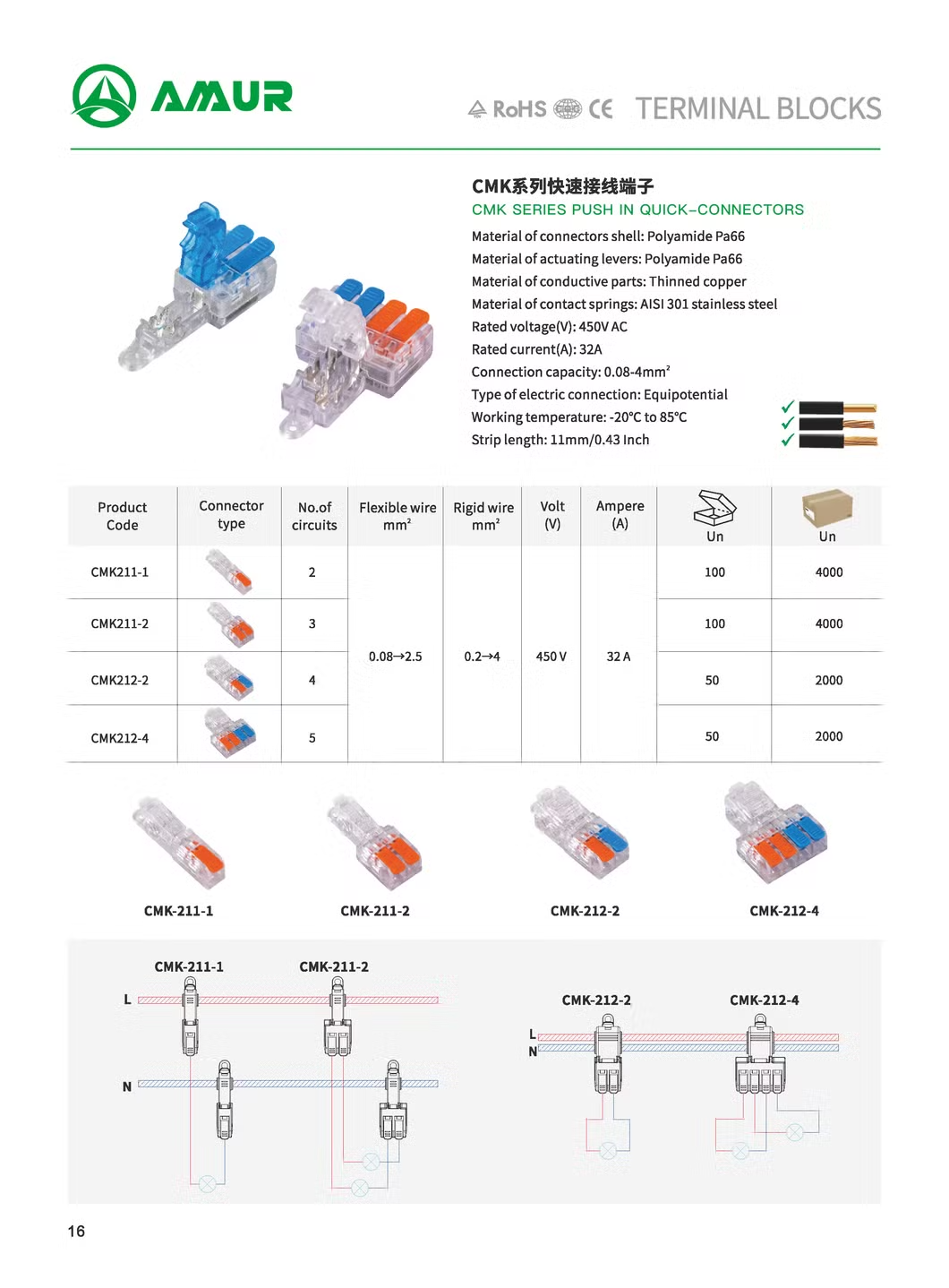 Amur Factory Bilateral Push in Quick Electric Wire Connector Cmk Series Terminal