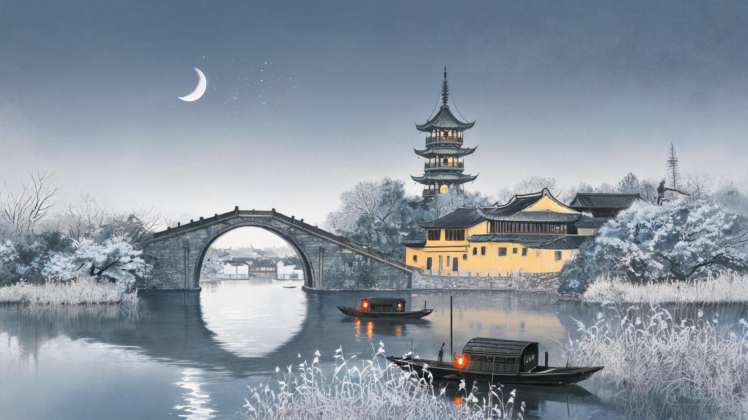 夜半钟声穿越千年——寒山寺古钟楼与枫桥运河的月夜静境