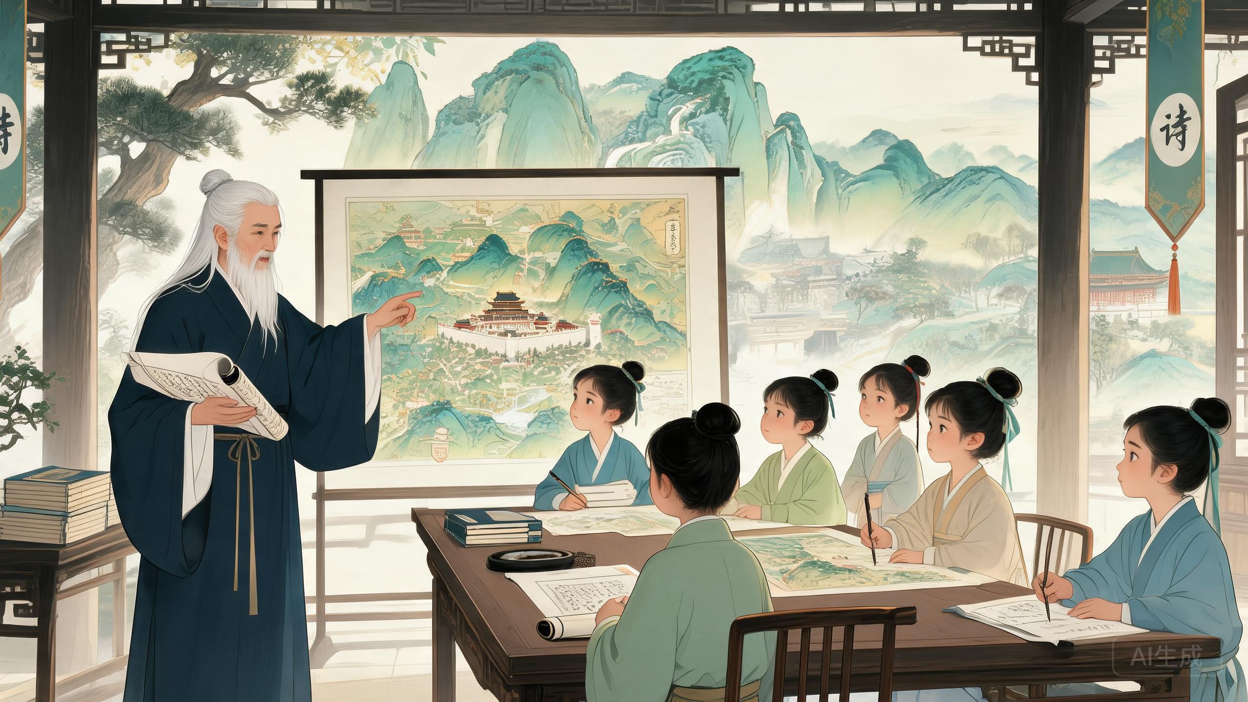 书院研学：先生携学童于山河舆图前讲学诗人行迹