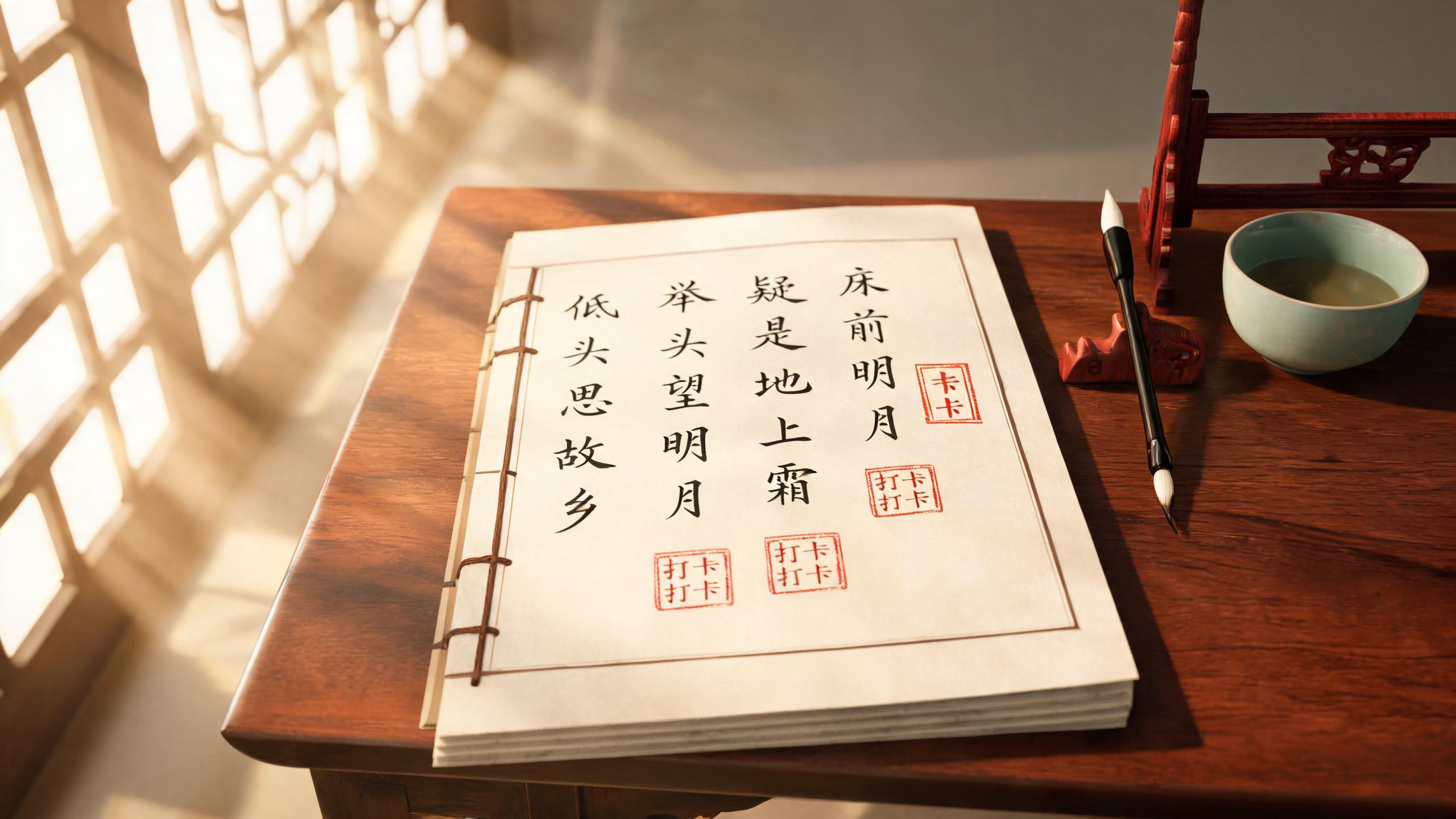 古诗词打卡手册——宣纸册页、朱印勾记与晨光中的毛笔