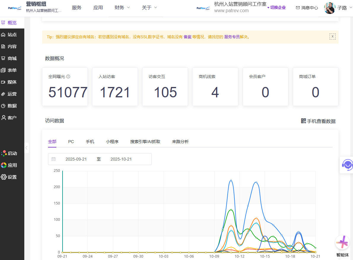 图是入站营销顾问工作室独立站上线10天的数据回顾