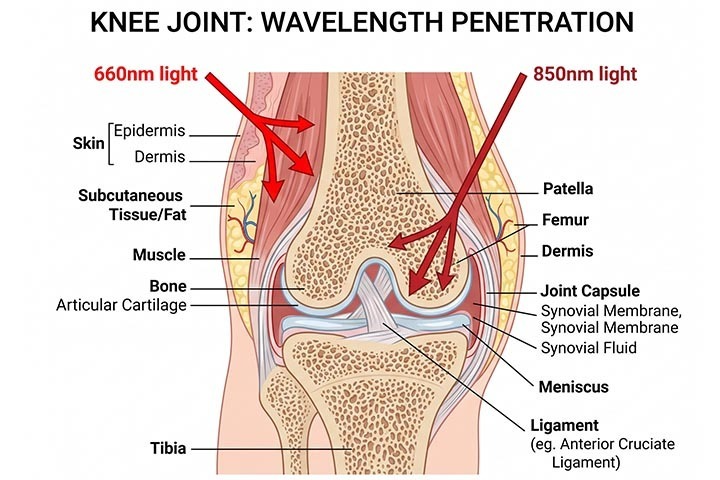 How red and near-infrared light penetrate knee joint layers Top-Rated Heated Knee Massagers with Red Light Therapy: How They Work and Which One Fits You 2
