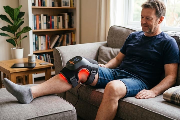 A man is using a knee massager with heating and red light functions at home. What Features Should I Look for in a Knee Massager with Heat and Red Light? 1