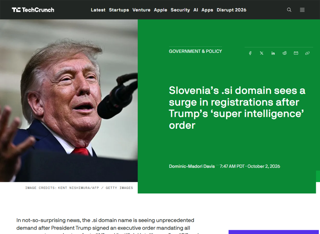 看这里：TechCrunch 10月2日：斯洛文尼亚.si域名注册量在超级智能行政令后激增