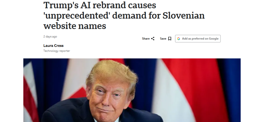 看这里：BBC：Trump's AI rebrand causes 'unprecedented' demand for Slovenian website names
