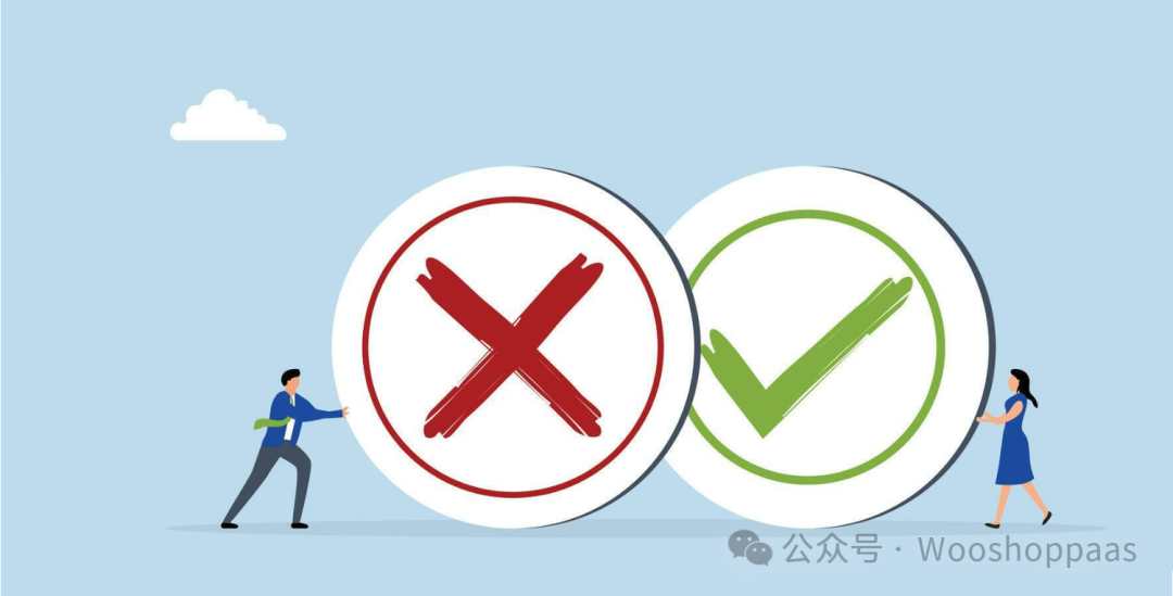 两个人分别推着两个巨大的白色圆圈，圆圈中分别显示了一个红叉和一个绿勾。