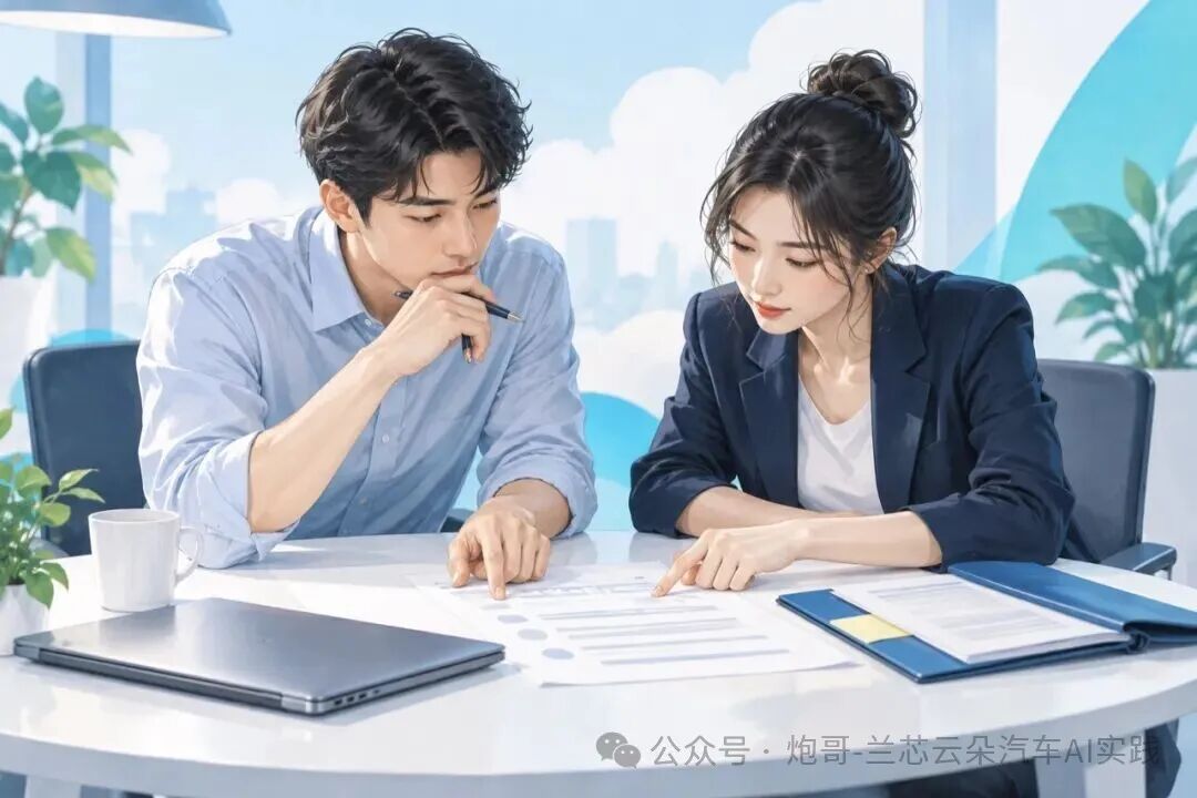 插画：两位商务人员核对需求记录