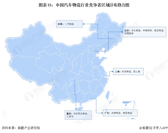 图表13:中国汽车物流行业竞争者区域分布热力图